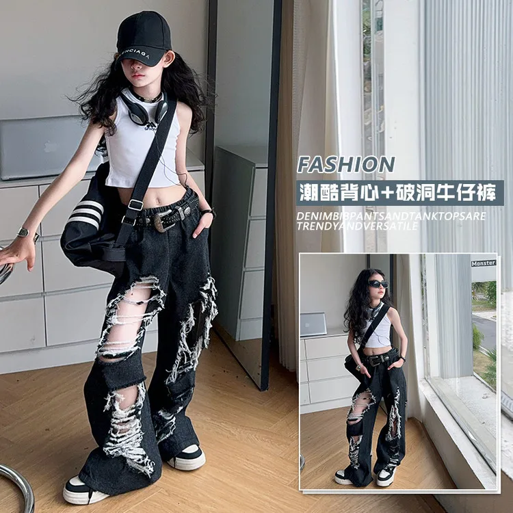 

chic teenager girls big hole jeans junior kids spicy girls wearing black ripped Wide leg pants Childrens pants 4-6 7 13 14+