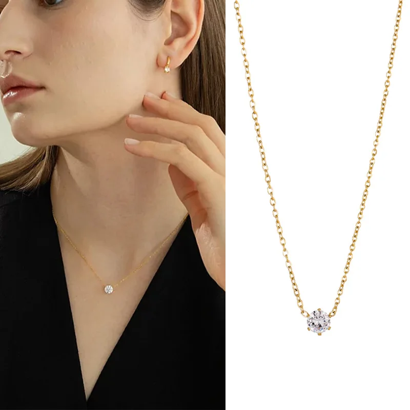 Women Stainless Steel Gold Plated Solitaire Zircon Pendant Necklace Jewelry For Daily Wedding Party Ladies Gift Accessories