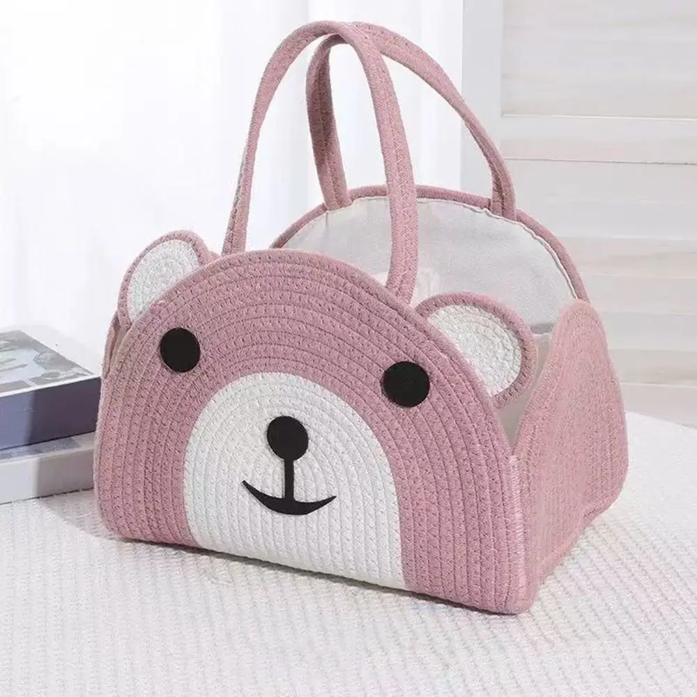 لطيف القطن حبل حقيبة حفاضات الطفل الدب نمط يده صندوق تخزين الحفاضات مع مقبض سعة كبيرة سلة مغزولة رعاية الطفل #5