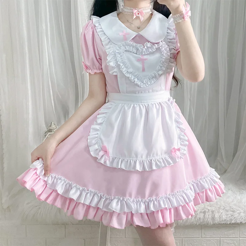 Gothic Lolita Cosplay Maid Costume Anime Cream Sweet Heart Pink Lolita Dress Maids Wear Uniform Short-sleeved Nurse Costumes