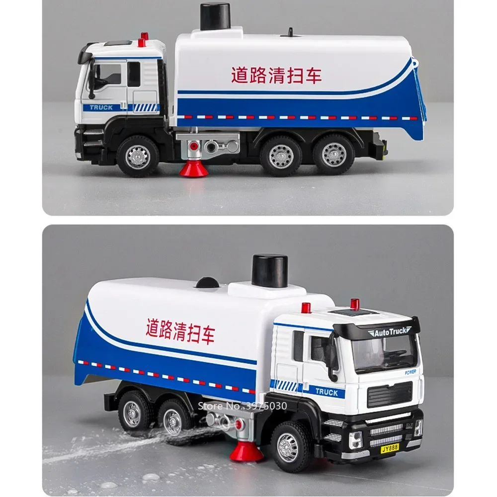 Alloy Diecast Road Sweeper Model Car Toys with Light Music Sanitation Sweeping Truck Wheel Pull Back Vehicle Kids Xmas Gifts
