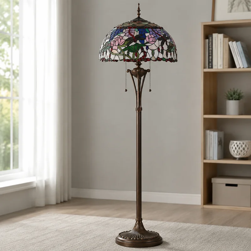 Tiffany Vintage Stained Glass Dragonfly Floral Dome Shade Classic Home Decorative Living Room Bedroom Reading Corner Floor Lamp