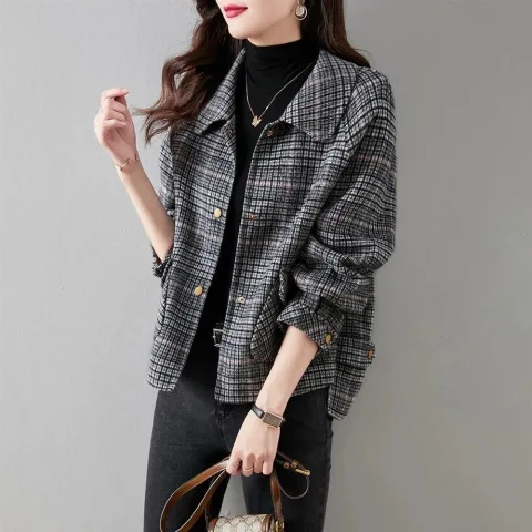 Frauen Mode Plaid Anzug Revers Jacke weibliche Slim Fit Langarm solide Caot Freizeit kleidung