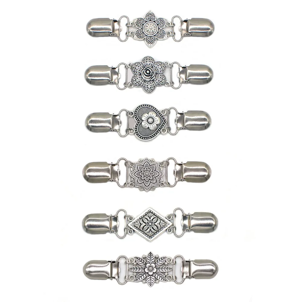 Retro Flower Sweater Shawl Clips Fasteners Back Cinch Clips Cardigan Dress Collar Brooch Clips for Women Girls Clothing Silver