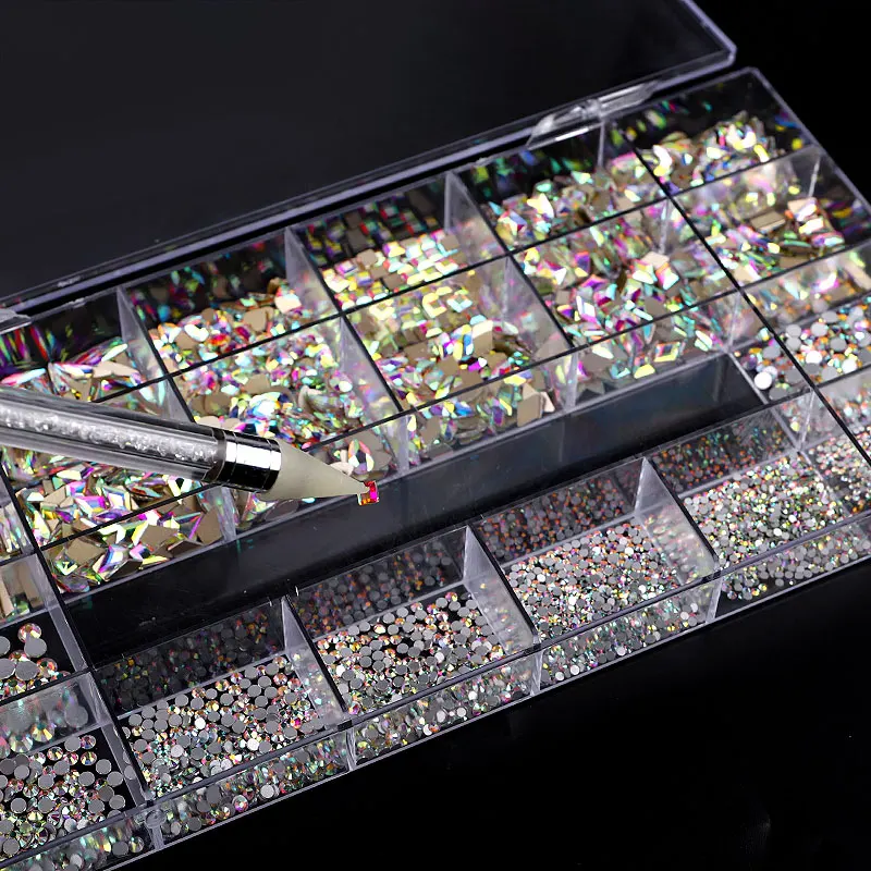 2800pcs AB Glass Crystal Diamond Flat Rhinestones Nail Art Decoration 21 Grid Box Nails Accessories Set With 1 Pick Up Pen