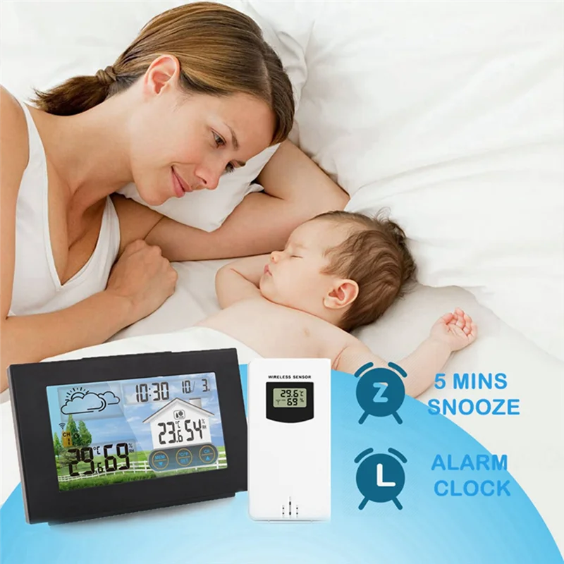 

With Sensor Color Touch Screen Alarm Clock Wireless Weather Station Forecast Indoor Outdoor Thermometer Hygrometer-AT64