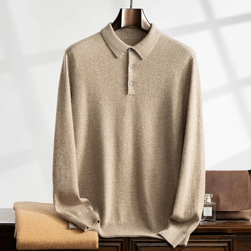 100% Cashmere Sweater Men\'s Knitted POLO Collar Pullover Casual High Waisted Knitted Straight Leg Pants Winter Warm Menswear