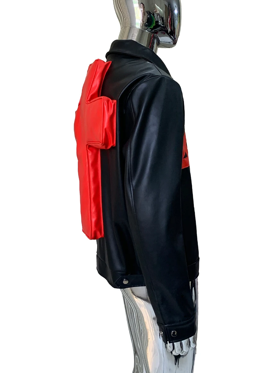 

Spring Autumn Cool Short Patchwork Pu Leather Jacket Men with Three-dimensional Cross Pattern Punk Style Emo Clothes Streetwear