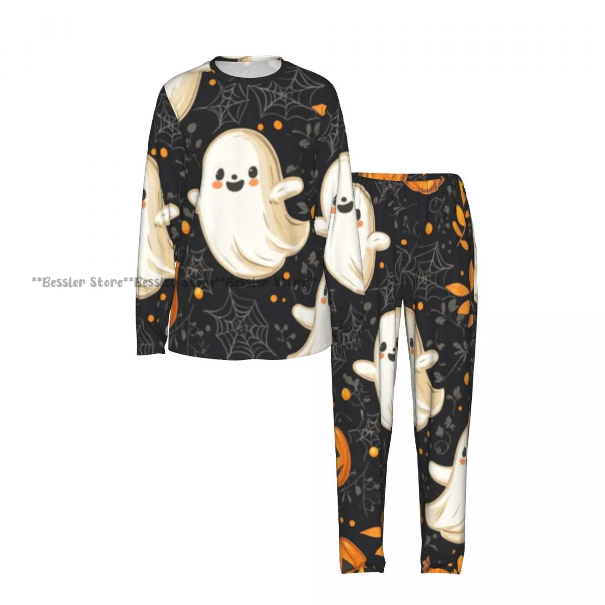 Women Round Neck Pajama Suit Long Sleeve Tops Long Pants Cute Ghosts Pumpkin And Flower Pattern Ladies Nightwear Home Outfit