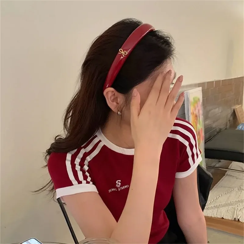 Red leather festive atmosphere golden bow headband daily going out headband hairpin temperament new hair accessories