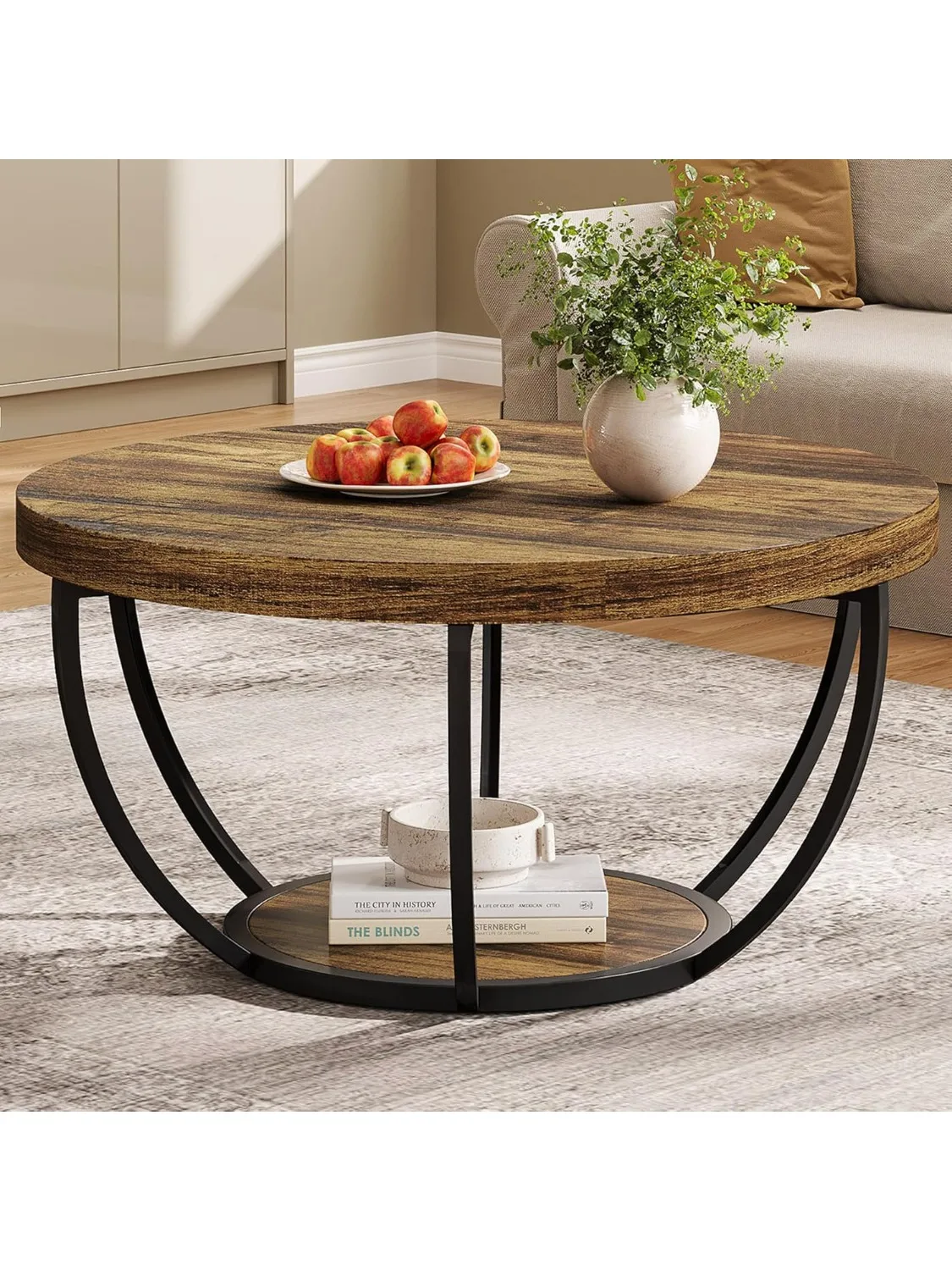 Round Coffee Table, Wooden 2-Tier Circle Coffee Table with Storage Shelves,Accent Cocktail Table Center Table for Living Room