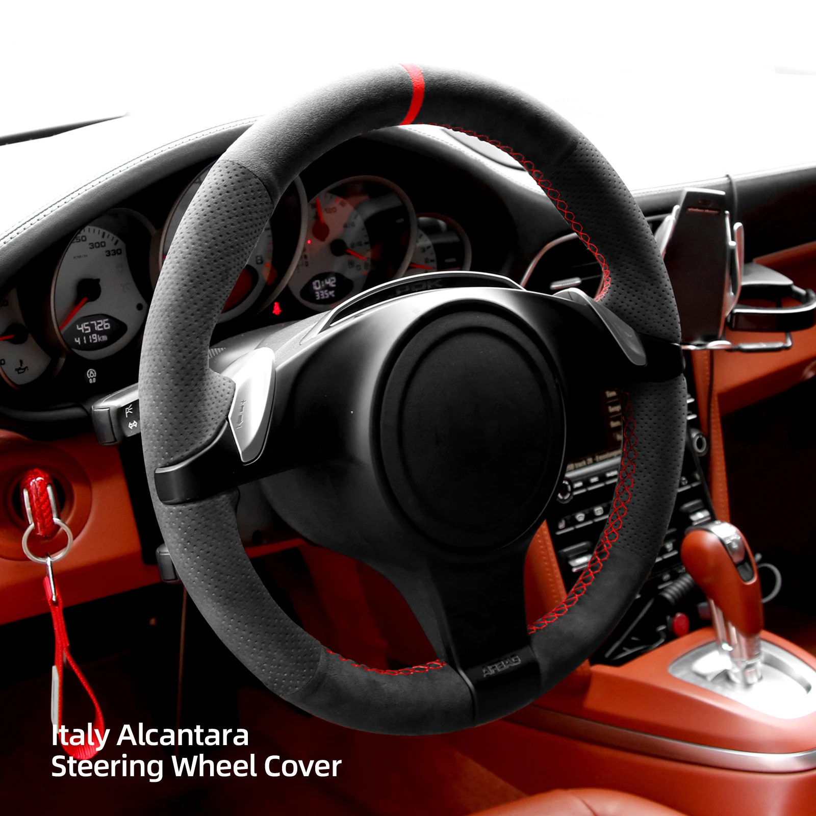 Alfanxi Hand Stitch Alcantara Steering Wheel Cover Compatible with Porsche 911 Boxster Cayman Cayenne Panamera 2010-2016