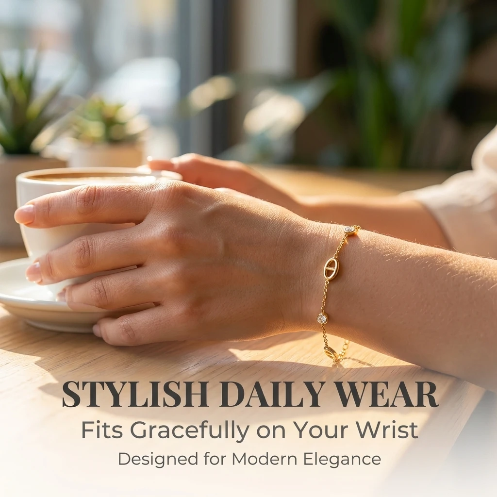 JP One French Style Minimalist Bracelet, White Zircon Pig-Nose Stainless Steel Bangle for Women, Elegant Chain Jewelry