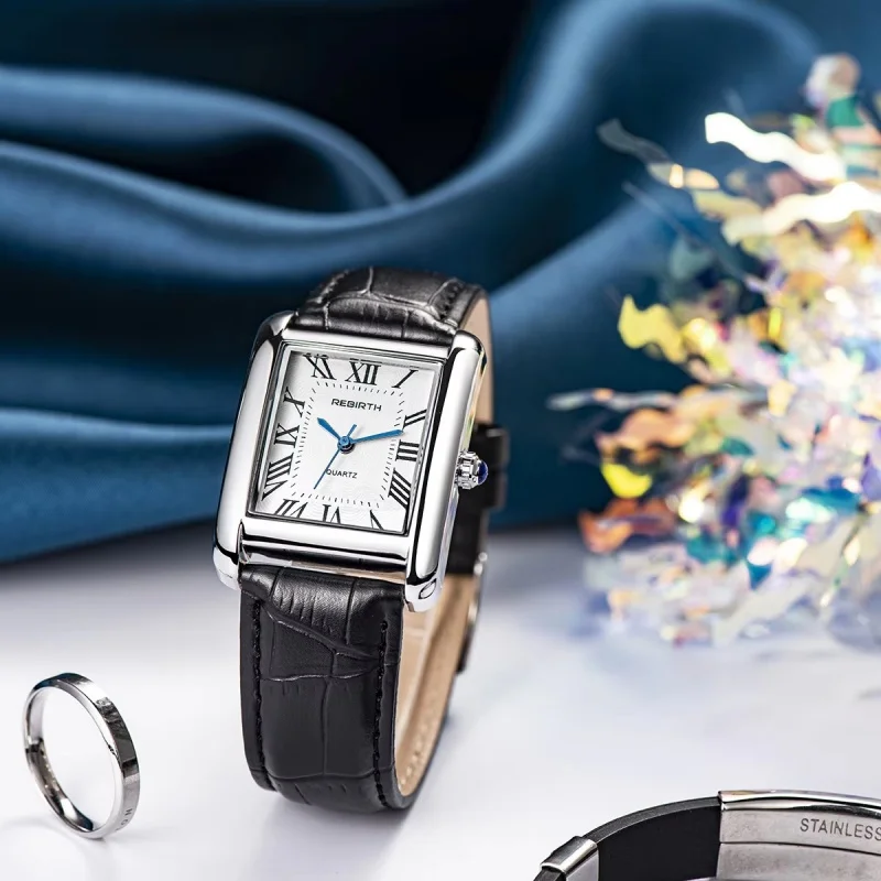 REBIRTH 002, женские кварцевые часы, модные прямоугольные повседневные роскошные часы с кожаным ремешком для девочек, женские классические женские наручные часы