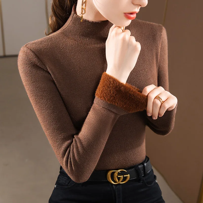 

Women's half-high collar knitted base shirt2025New women's solid color thickened fleece sweater, warm inner layer top