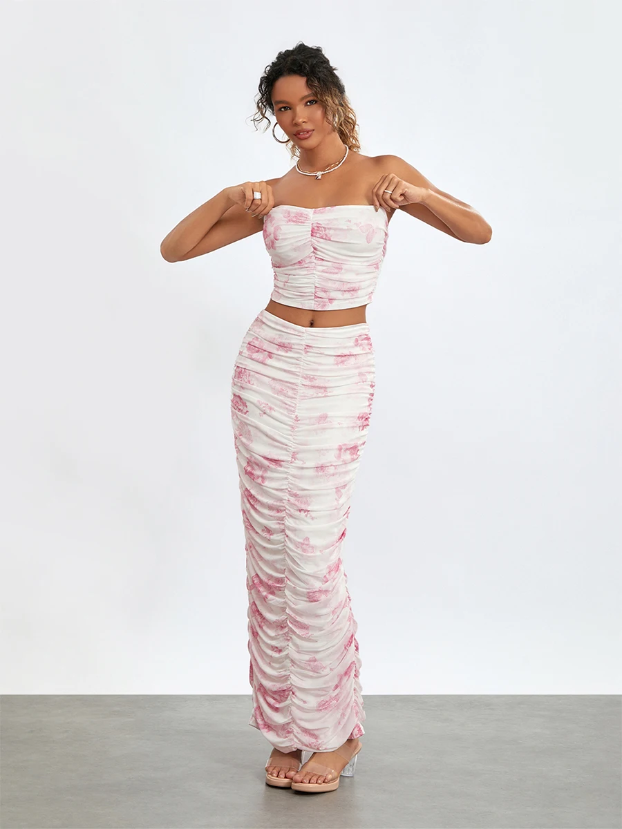 Wsevypo Dames Bloemen 2 Delige Jurk Sets Chique Zomer Mouwloze Off-Shoulder Crop Tube Tops En Wikkel Lange Rok Ruches Sets