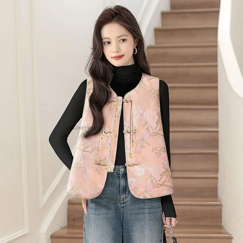 

New Chinese Style Autumn Floral Embroidered Vest For Women Autumn And Spring Sleeveless Mandarin Collar Top Lady Daily Vest