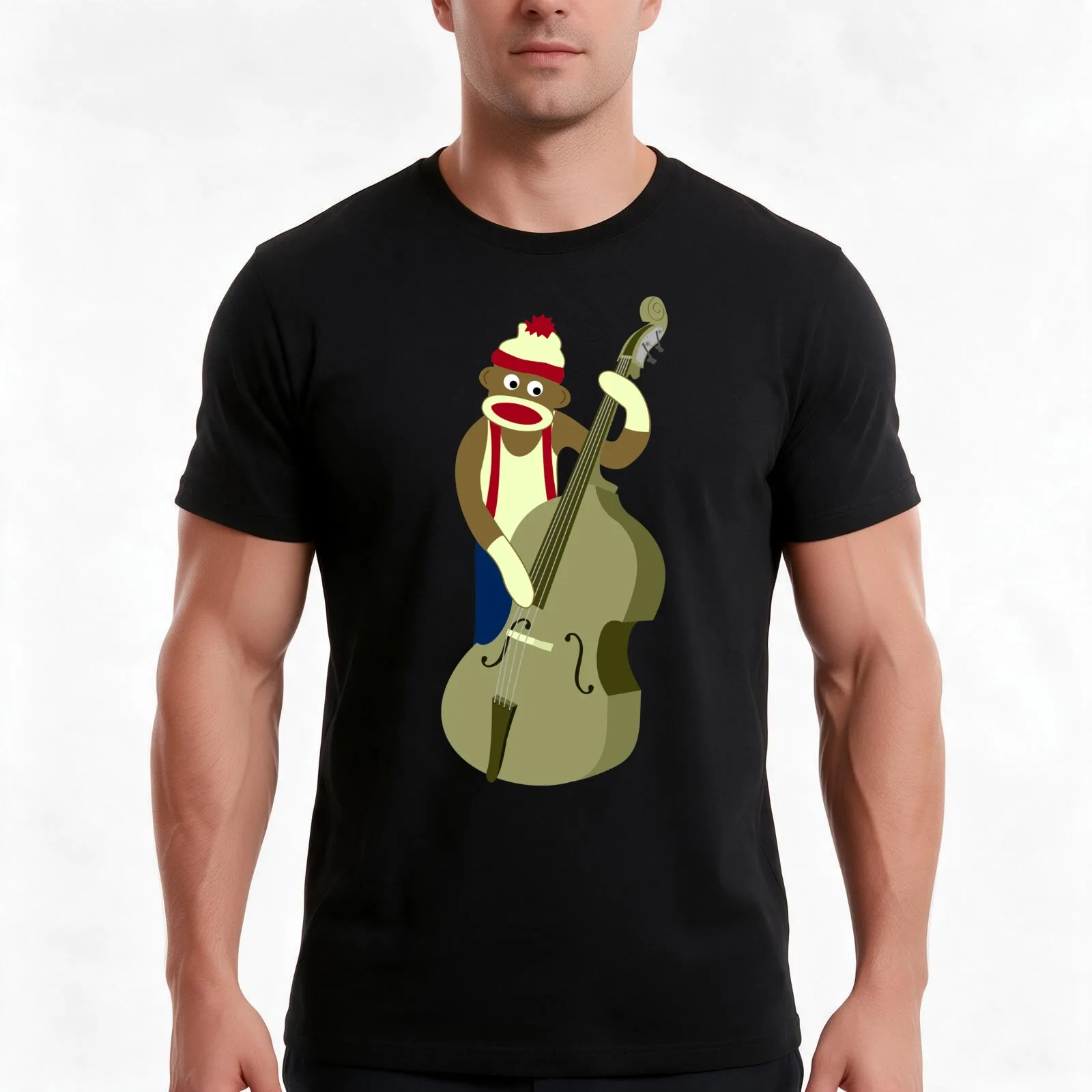 Sock Monkey Bass Player T-Shirt, Summer Casual Cotton Tee, Oversized Streetwear Tops, Vintage Graphic Print, Unisex Men Women