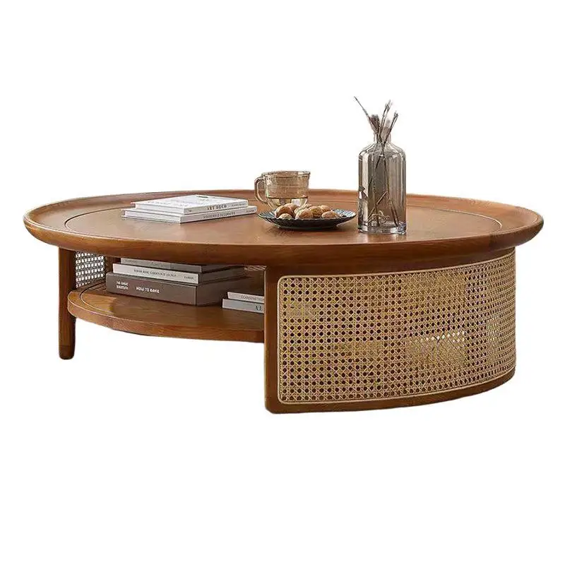 

Wabi-sabi wind solid wood round coffee table, small apartment rattan tea table