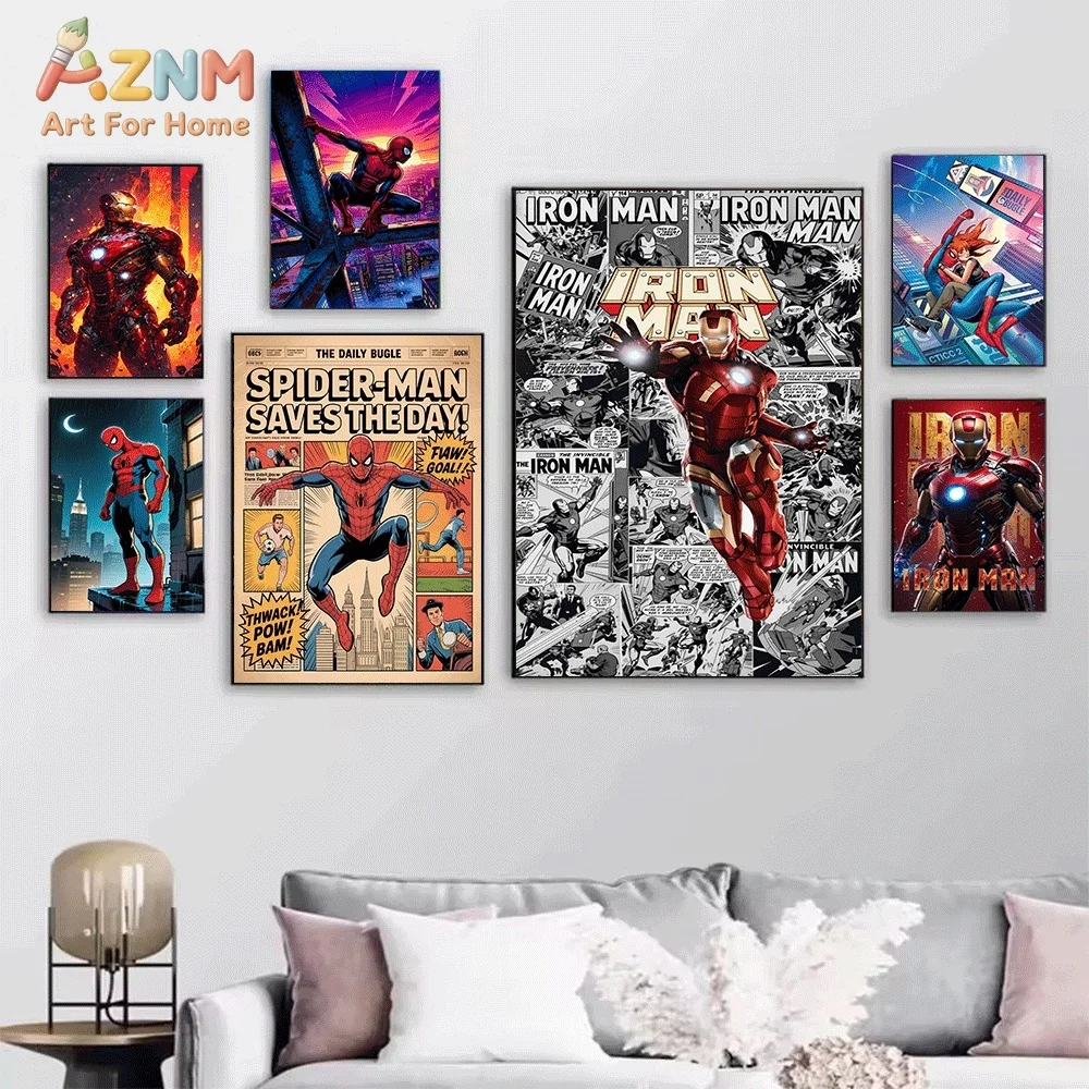 Iron Man Spider‑Man Marvel Superhero Canvas Wall Art Miles Morales Newspaper Comic Pop Style Unframed Canvas Print for Boys Bedr - view 4