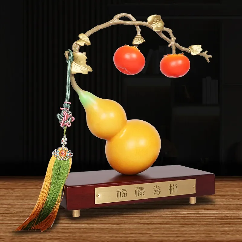 Pure Copper Gourd Persimmon Ruyi Ornament Traditional Chinese Feng Shui Decor for Home Office Entrance Table Display Gift