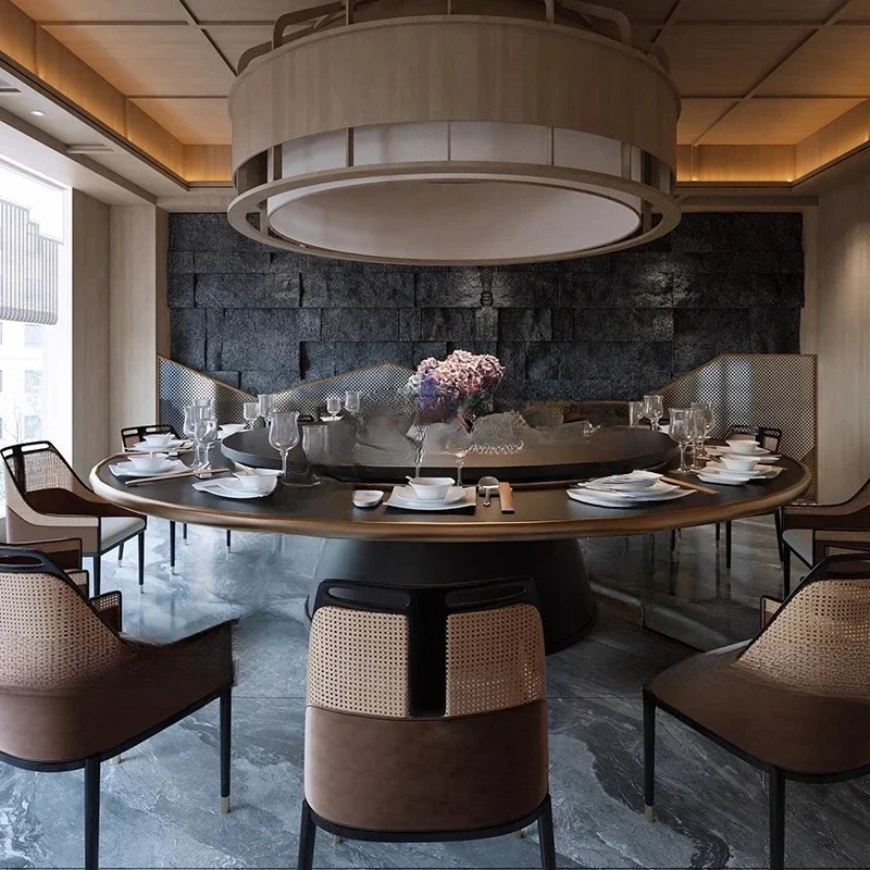New Chinese marble hotel dining table and chair combination electric large round table club restaurant private room villa