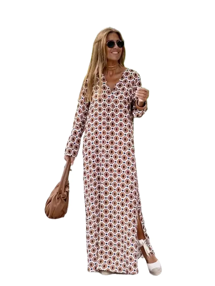 

Women's Fashion Printed V-neck Long Dress Autumn New Elegant Casual Loose Long Sleeve Holiday Beach Party Dresses Robe Femme