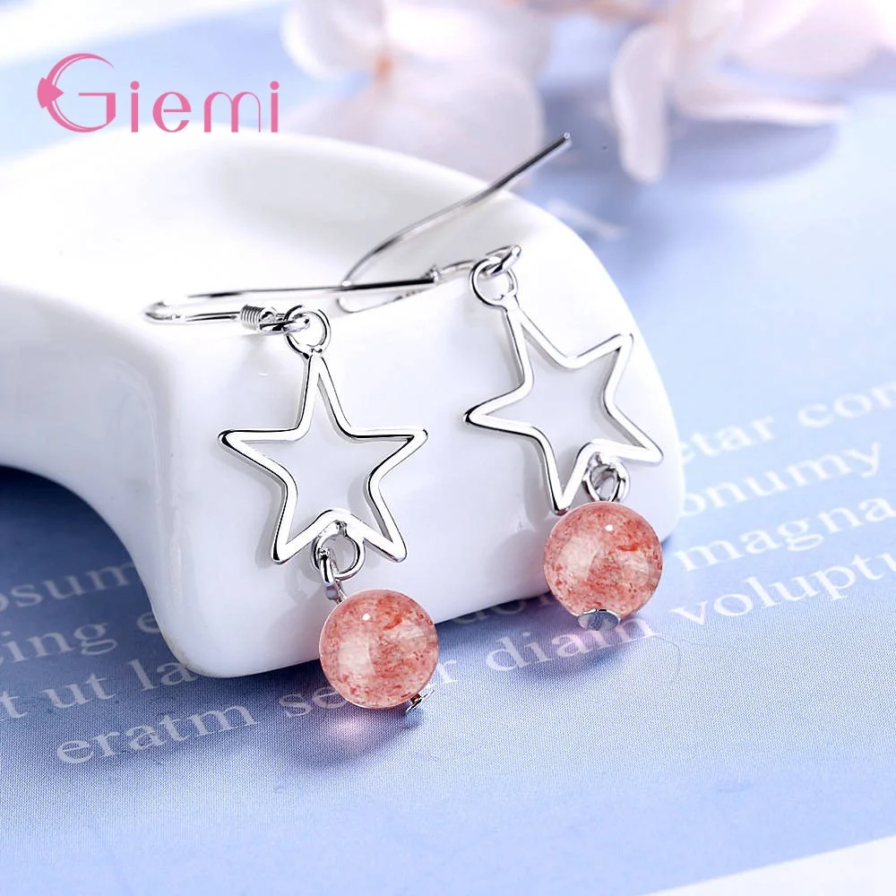 

Exquisite 925 Sterling Silver Star Design Strawberry Crystal Ear Hook Drop Earrings for Women Girls Wedding Party Jewelry Gifts
