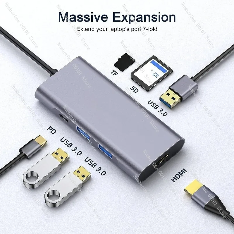 7-in-1 Type-C Docking Station, Supports HDMI 4K Video, Power Supply, and Multiple USB Ports, Compatible with Computers, Laptops