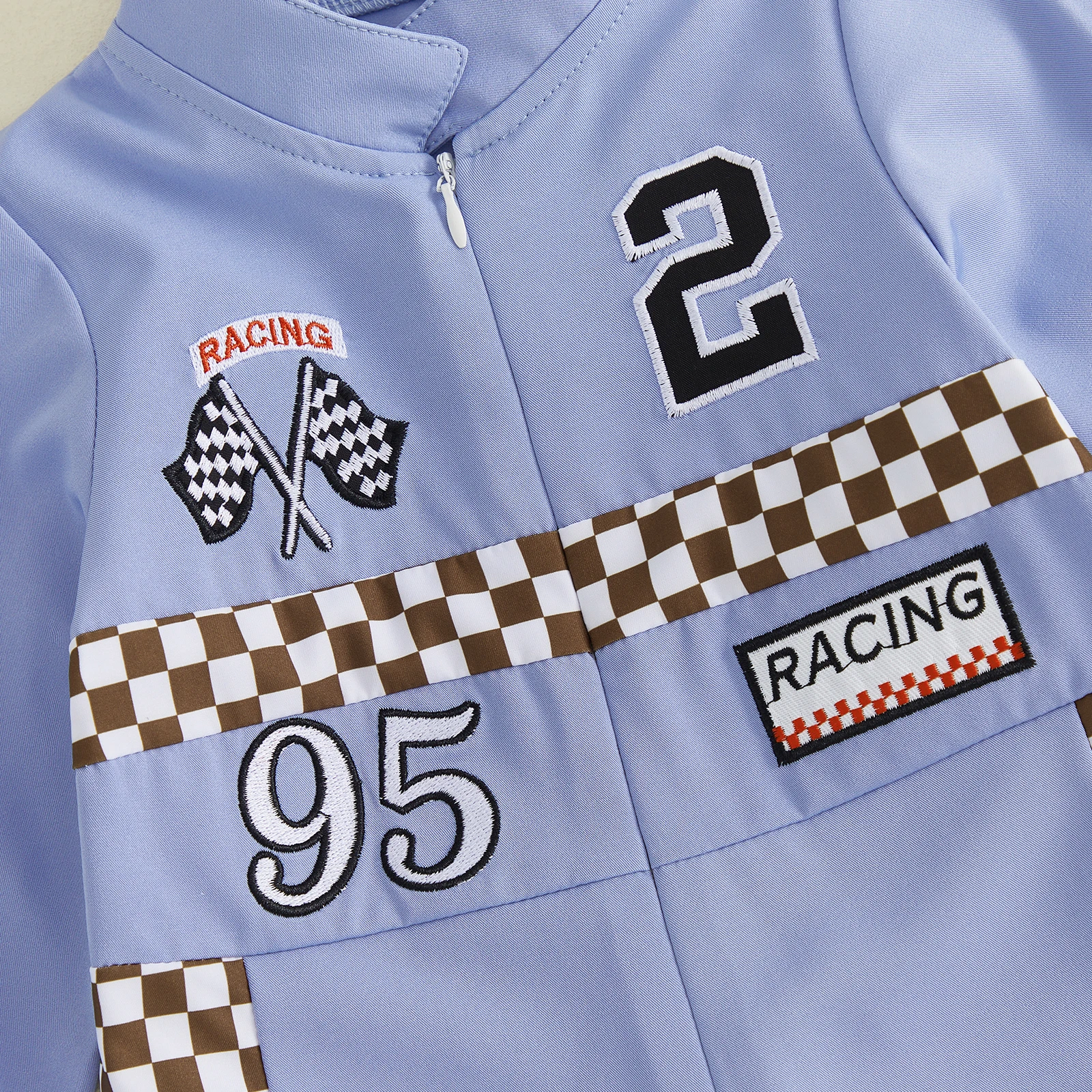 Infant Boy Girl Race Car Driver Costume Long Sleeve Stand Collar Plaid Print Numbers Embroidery Racing Romper