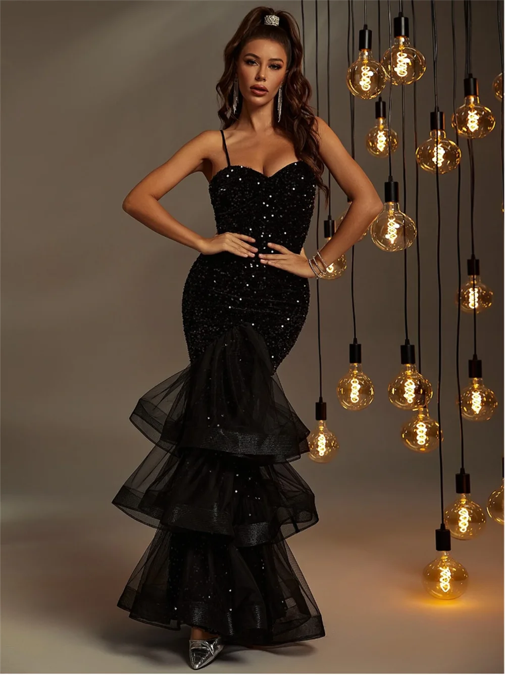 Annie Black Elegant Prom Dresses Luxury Glitter paillettes abiti da sera sirena Tulle Layering Wedding Party Dress muslimagnadi raffi