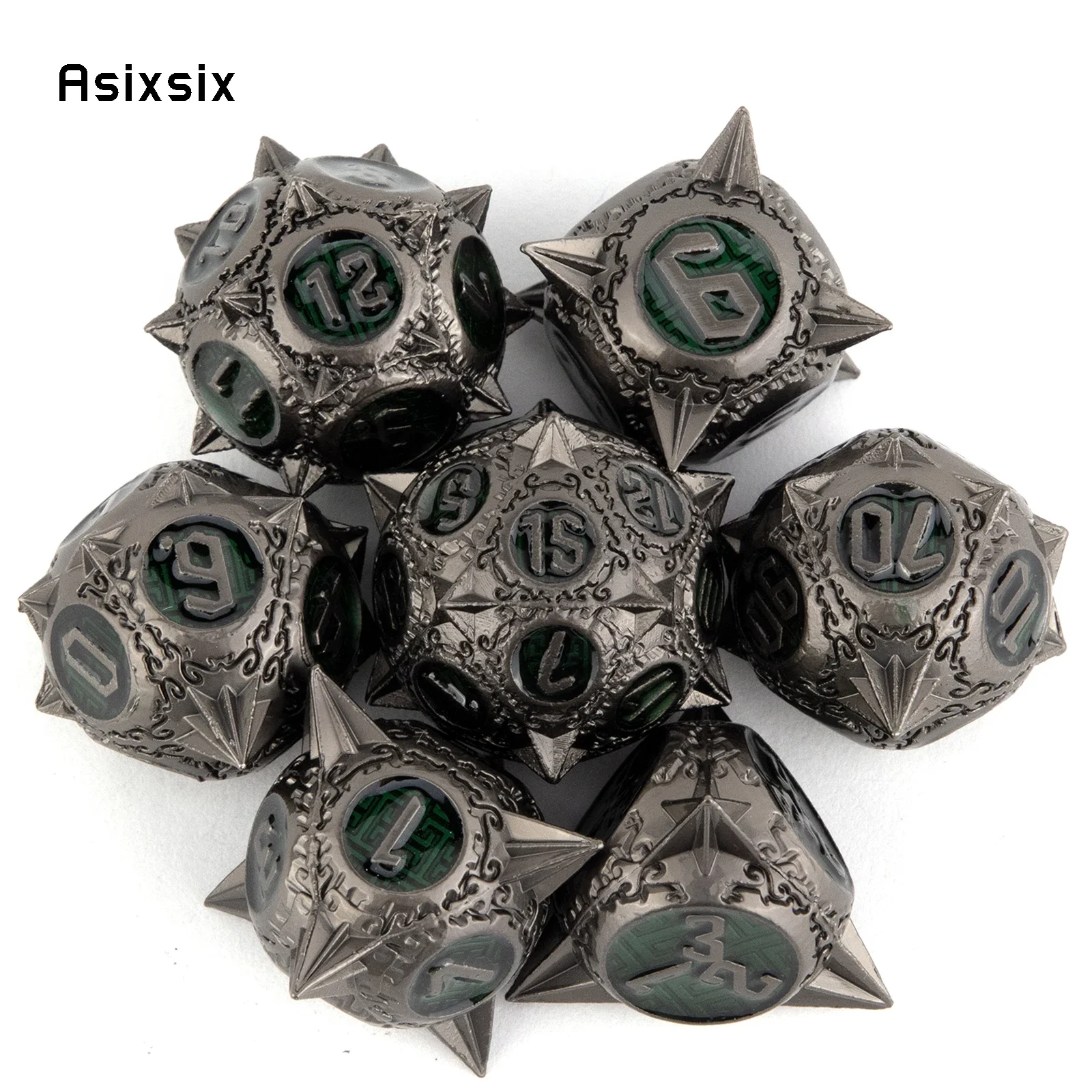 

7 Pcs Silver Green Meteor Hammer Metal Dice Solid Metal Polyhedral Dice Set Suitable for Role-Playing RPG Board Game Card Game