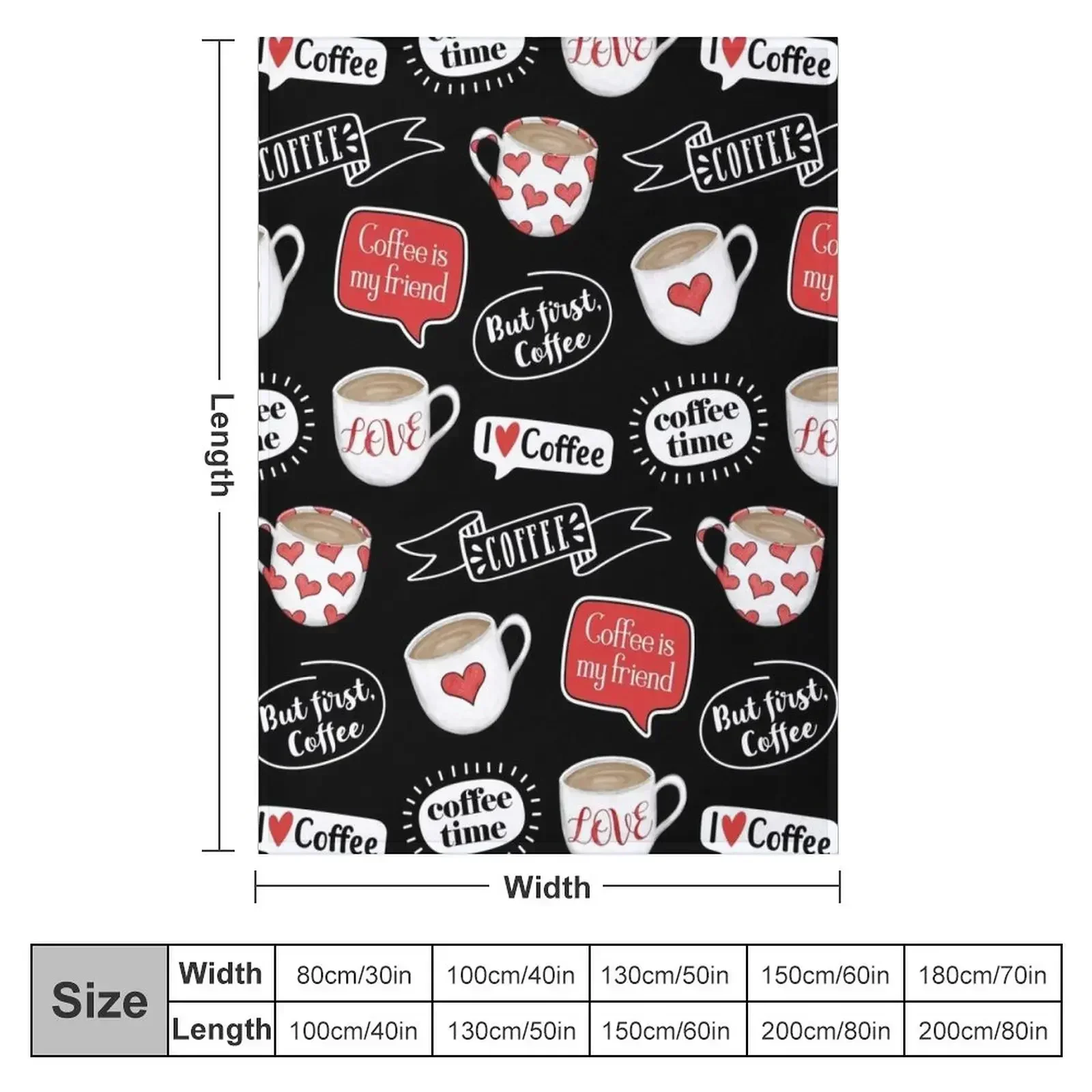 Hand-Drawn Coffee Mugs - I Love Coffee - Muted Red, Black and White - 2nd Version Throw Blanket