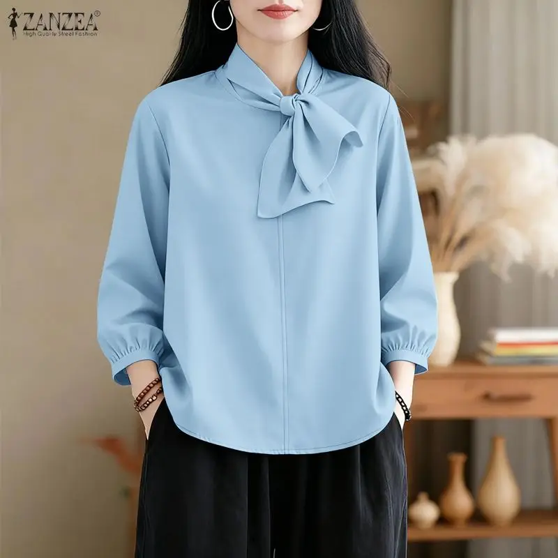 

ZANZEA Fashion Women 3/4 Sleeve Work Blouse Spring Summer Shirt Casual Solid OL Work Tops Mujer Female Lace -Up Blusas Oversize