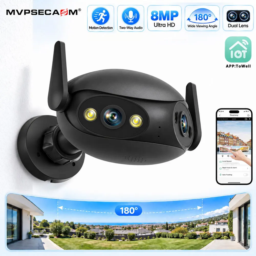 New 8MP Dual Lens WiFi Security Camera 180° Wide Angle Outdoor Surveillance Camera Two Way Audio Motion Detection Remote View ToWell APP Wireless CCTV IP Camera Wall Mount Smart Home Monitor for House Yard Garden Entrance Smart Security System For Outdoor
