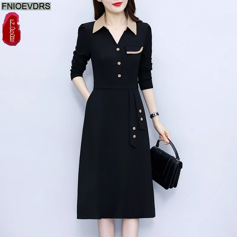 Gran oferta, vestidos camiseros de 2 piezas de imitación, nueva moda para mujer, elegante vestido de oficina para mujer, trabajo de retazos con botones, vestido negro francés hasta la rodilla