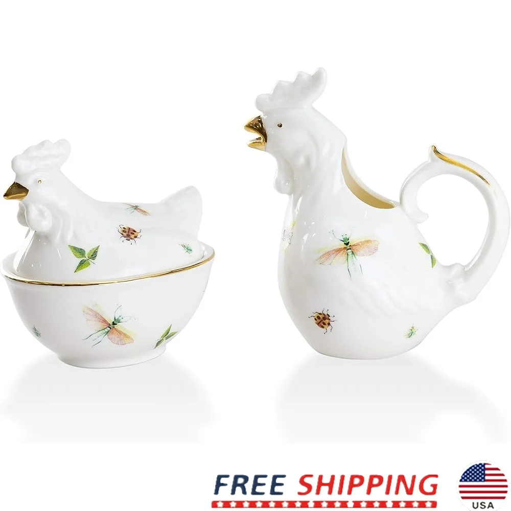 

Dragonfly Floral Porcelain Sugar Creamer Set Hen Rooster Design 5oz Fine China Dishwasher Safe Decorative Kitchen Accessories