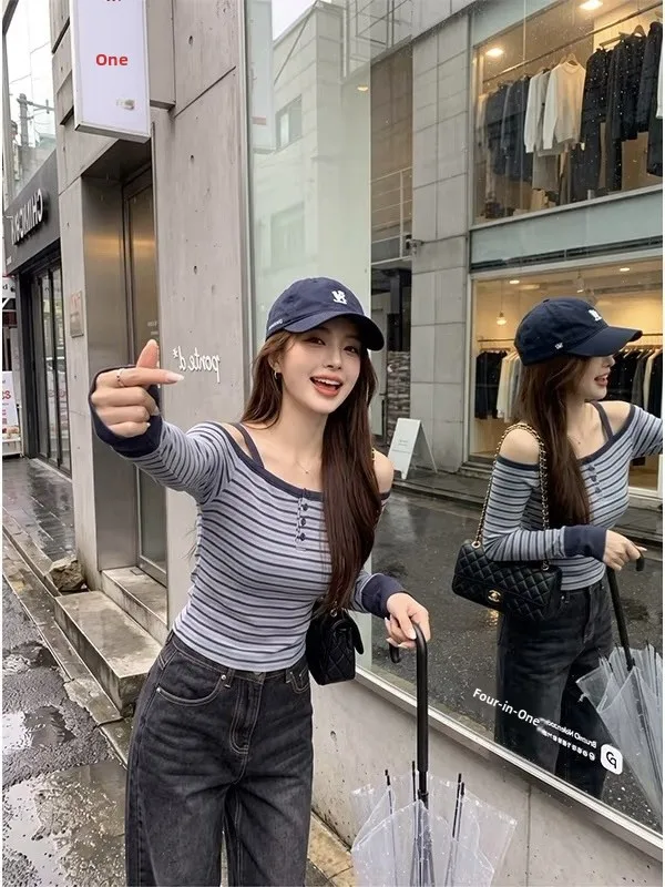 Slimming Blue Grey Stripe One Shoulder Long Sleeve T-Shirt Women's Korean Style Cookie Line Design Casual Cotton Top