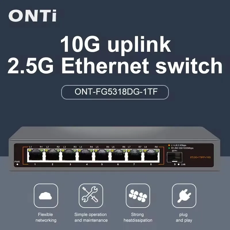 

ONTi 2.5GbE Unmanaged Ethernet Switch 8 Port 2.5GBASE-T Network Switch with 10G SFP+ Port Plug and Play Fanless Homelab Switch