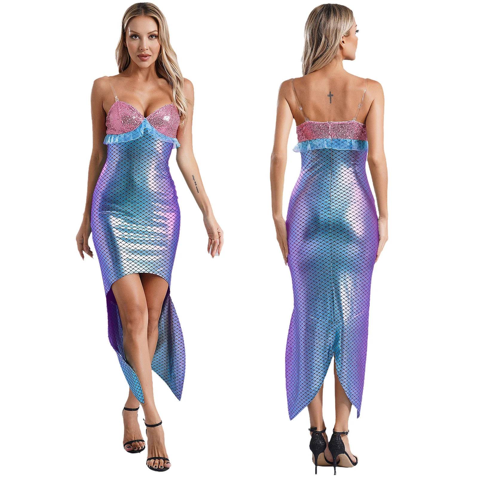 Womens Sexy Mermaid Bodycon Dress V Neck Sequin Fish Scale Print Fish Tail Hem Dress Halloween Carnivals Party Cosplay Costumes