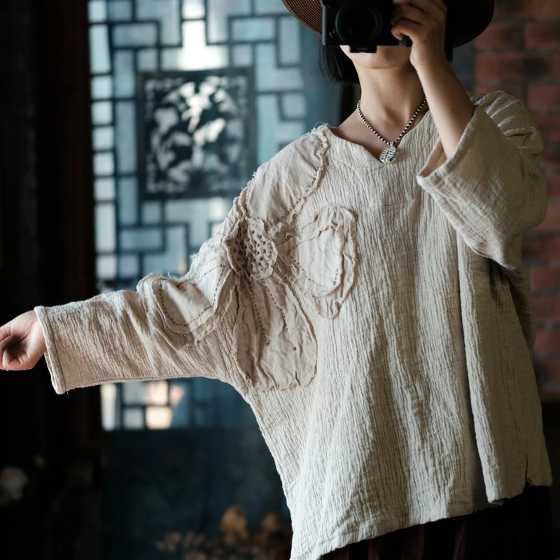 Oversized Women Long Sleeve Cotton Linen T-shirt New 2025 Spring Vintage Style Appliques Loose Female Casual Tops Tees M377