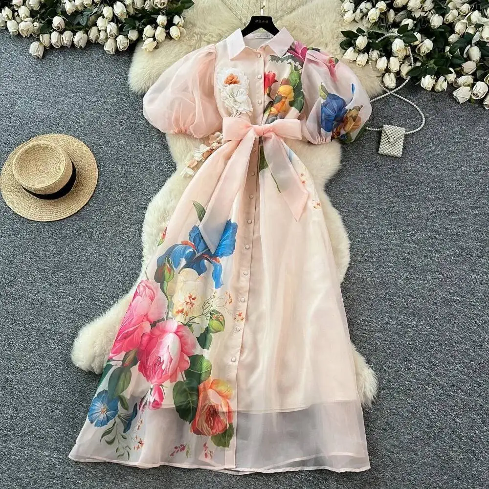 Chic vintage Sexy print mesh lace-up button Fairy Summer Women Boho Sundress women clothing Long dress