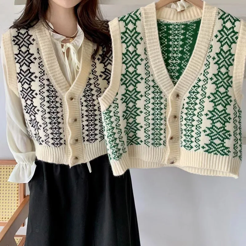 Fair Isle maglione gilet per le donne scollo a v abbottonato senza maniche maglia geometrica Teen-girl Vintage autunno inverno vestito di natale