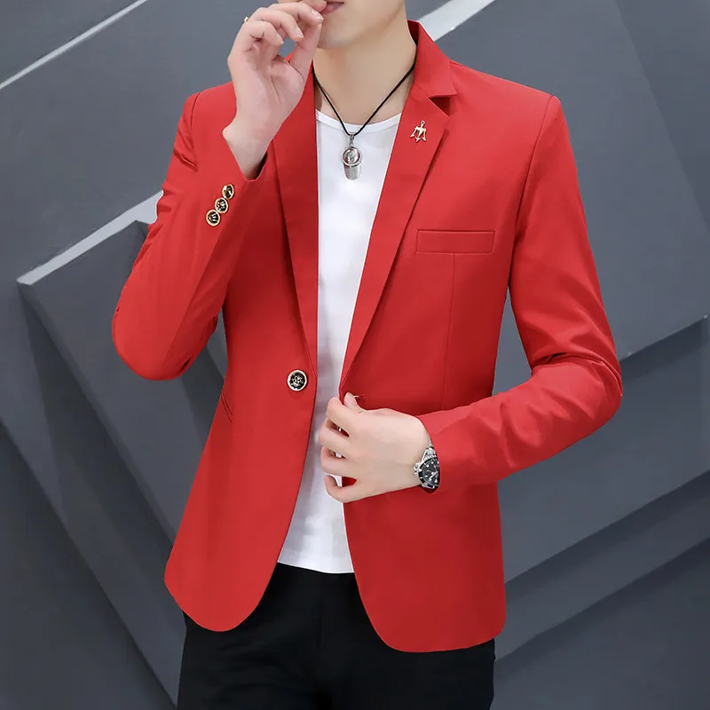 

Красный костюм, мужской повседневный приталенный модный молодежный цельный топ, модный корейский костюм Haome, длинный свек из полиэфирного волокна