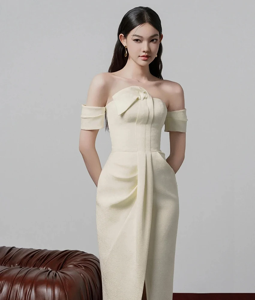 Customized New fashion Jersey Straight Off the Shoulder Evening Dress Delicate Short Sleeves Strapless Ankle Length Party Gowns