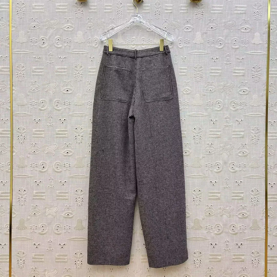 2025 New Fashion Autumn Winter Long Pants Women Novelty Gold Button High Waist Loose Casual Vintage Houndstooth Woven Trousers