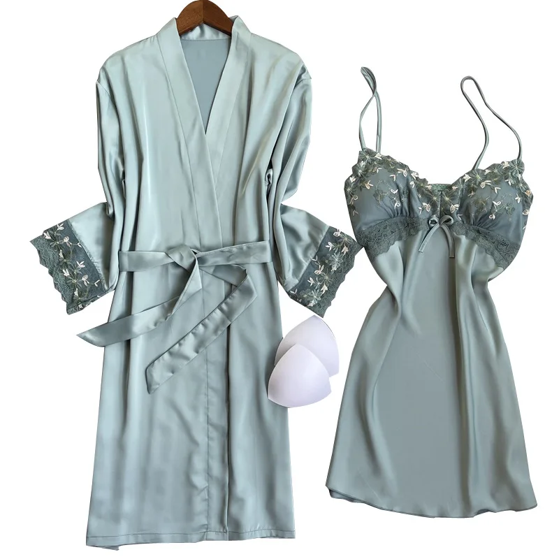 Summer New Twinset Robe Set Women Lace Kimono Bathrobe Gown Sexy Casual Satin Sleepwear Nightgown Flower Homewear Negligee