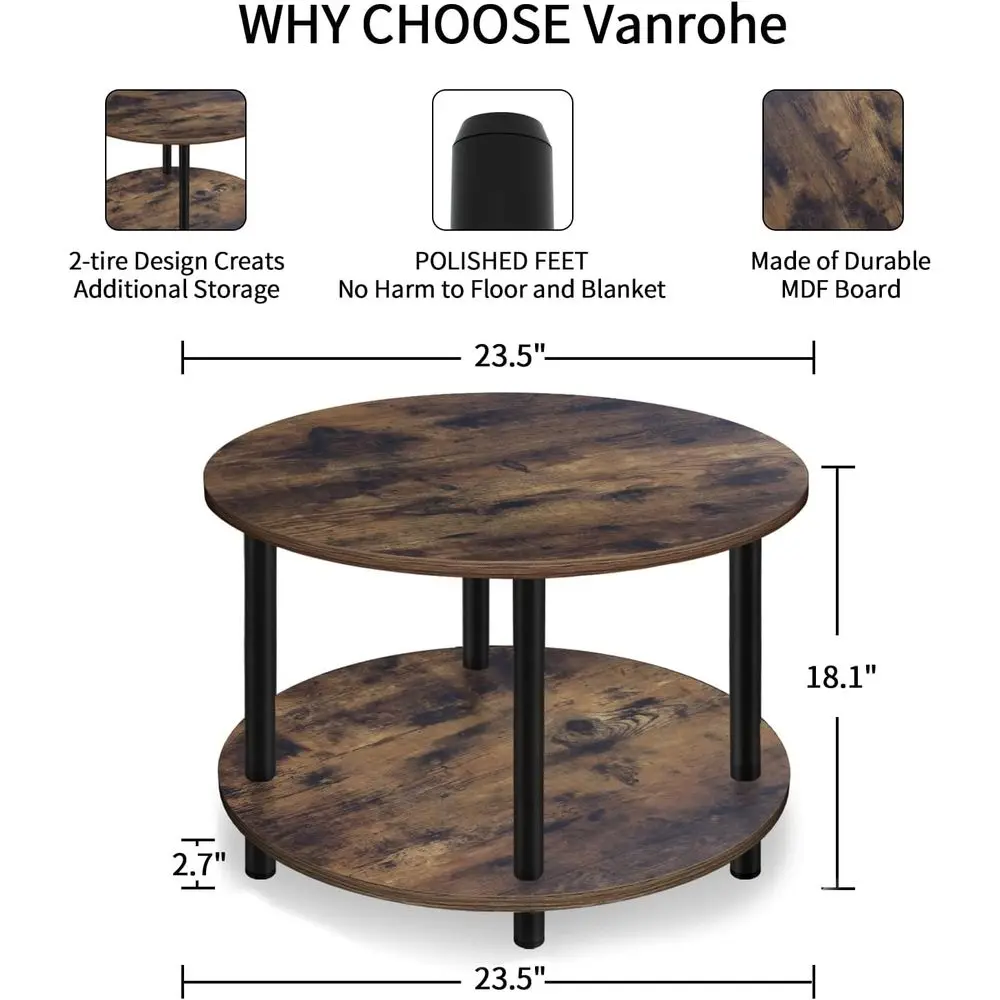 コンパクトな23.5インチの2段木製コーヒーテーブル、小スペース用の収納付き、素朴なブラウン、金属脚、簡単な組み立て