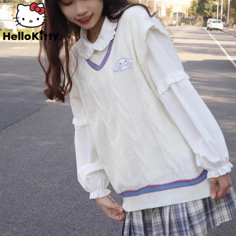 Sanrio Cinnamoroll Jk Knitted Sweater Vest Women's Loose Slim Pullover Cute Anime Embroidery Sleeveless Knittwear Lolita Girls