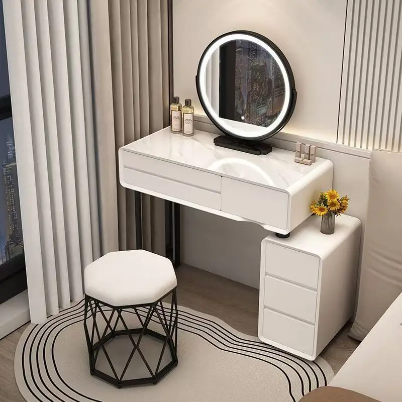 

Solid Wood Dressing Table, French Cream Style Bedroom, Modern and Simple Rock Panel Dressing Table, Glass Dressing Table